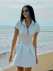 HH Women Summer Fashion Contrast Ribbed Wide Pleated A-Line Dress Female Elegant Button Turn-down Collar Short Sleeve Dress