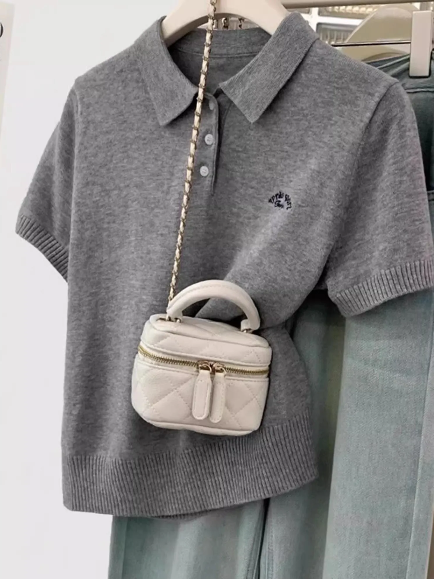 Damska dzianinowa bluzka plus size, haftowana, wyszczuplająca, w stylu koreańskim, letnia koszulka, oddychająca, codzienna odzież.