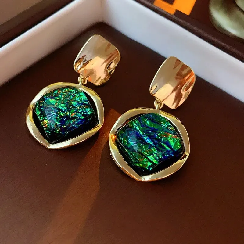 Okrągłe kolczyki romb w stylu Vintage zielony geometryczny damskie modne kolczyki z kryształami górskimi na imprezę ślubną akcesoria do biżuterii