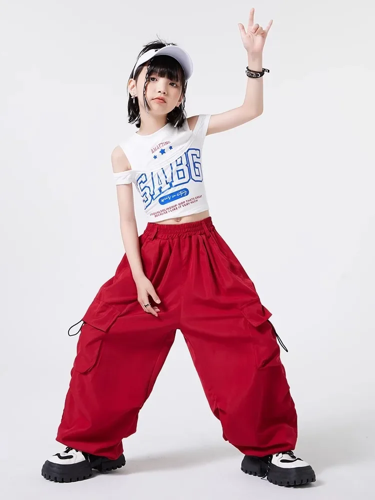 Kid Hip Hop Clothing White Double Shoulder Crop Tank Top Wine Red Casual Jogger Cargo Pants for Girl Jazz Dance Costumes Clothes