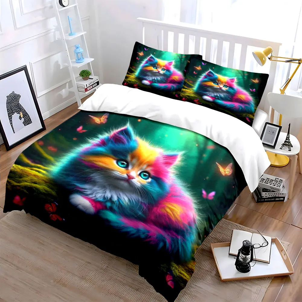 Rainbow cat in butterfly forest Printed Duvet Cover Set1 Duvet Cover+2 Pillowcase Multi Size Bedroom Bedding Decor