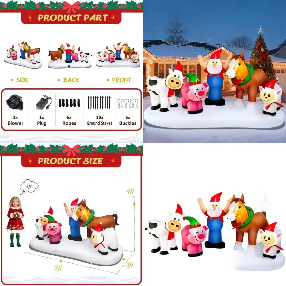 

8-футовая рождественская надувная сцена Санта-Клауса с лошадью, коровой, свиней, овцей и светодиодными фонарями