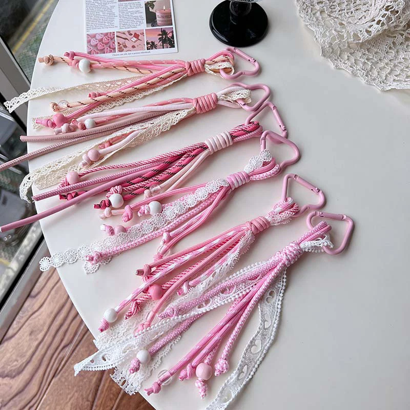 Chaveiro de renda rosa e branco, corda trançada, pingente, chaveiro, moda simples, bolsa combinando, decoração, acessórios de joias