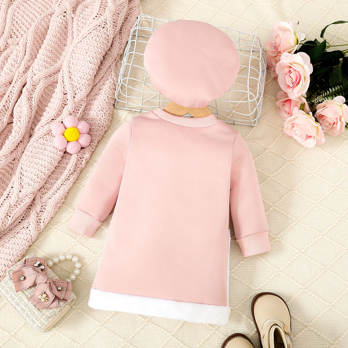 Spring And Autumn Girls  Dress  Hat  Round Neck  Long Sleeve Cartoon Cat Bow Pattern  Fashionable And Warm