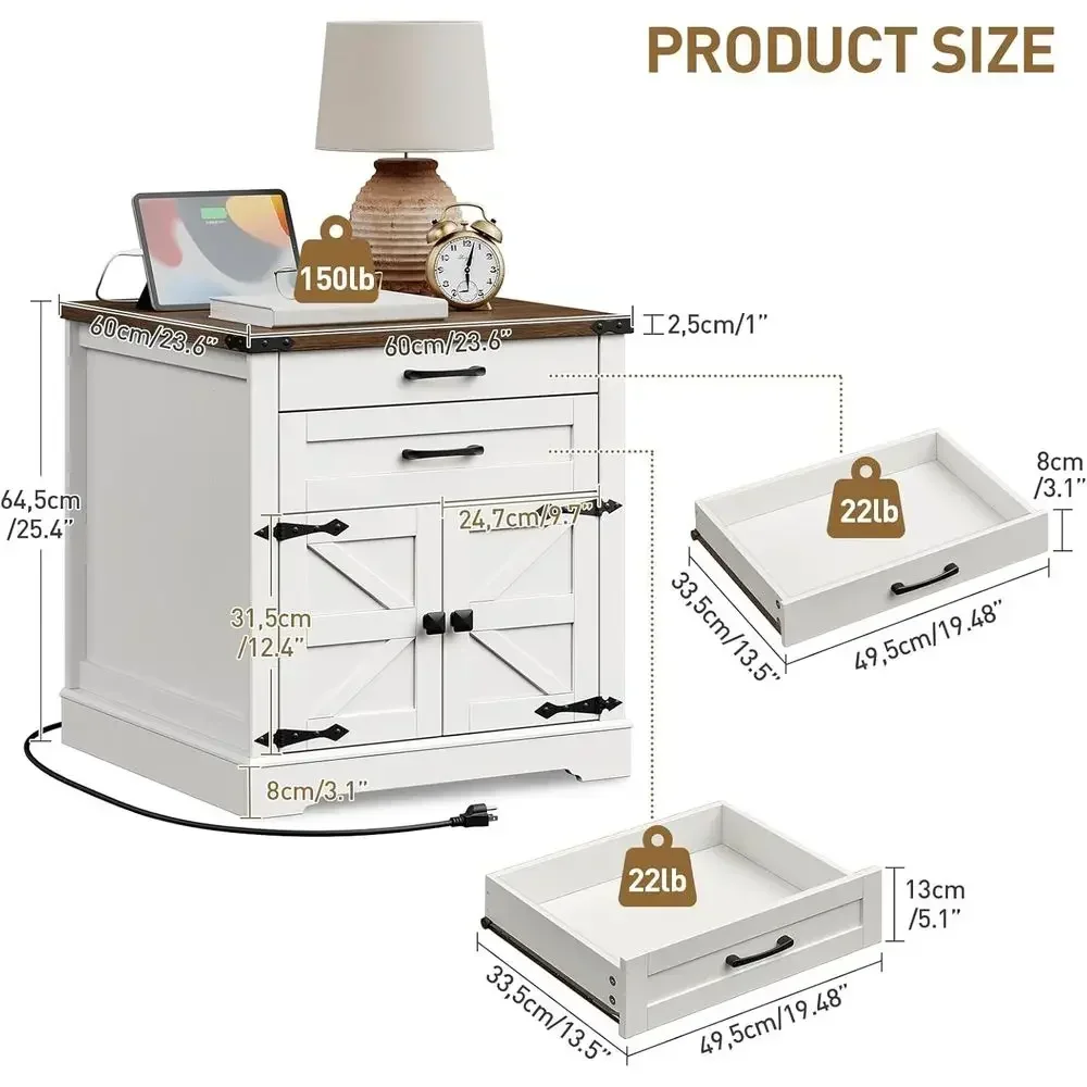 24 Square Nightstand with Charging Station, 2 Drawers, Barn Door in White & Walnut for Bedroom or Living Room