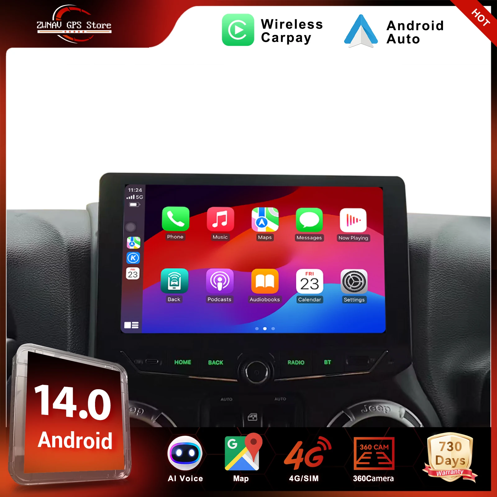 

ZWNAV Android 14 Car Stereo For Jeep Wrangler 2011-2017 Wireless CarPlay Android Auto GPS Navigation WIFI DSP