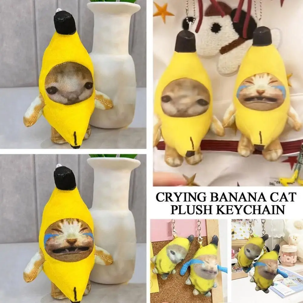 Car Accessories Stuffed Banana Cat Plush Pendant Funny Keychain Sound Plush Doll PP Cotton Car Bag Pendant Universal