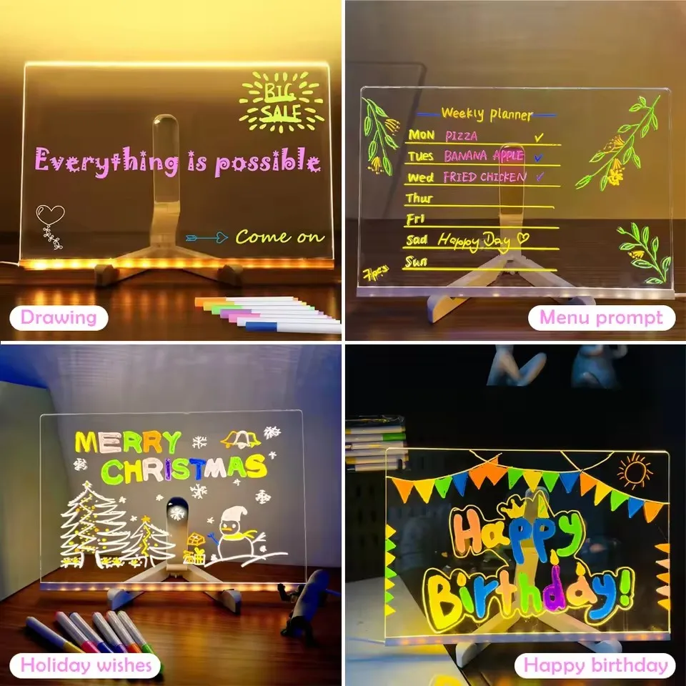 LED Note Board Night Light With Colorful 7 Pens DIY Acrylic Message Board Erasable Painting Drawing Board For Kids Birthday Gift - view 4