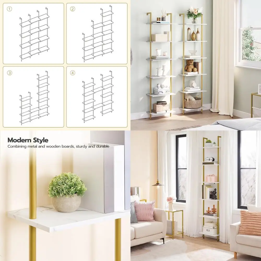 

6-Tier Gold Wall-Mounted Wooden Shelf - Storage & Display for Home, Living Room, Bedroom, Study, Balcony, Marble & Gold DM651CJ0