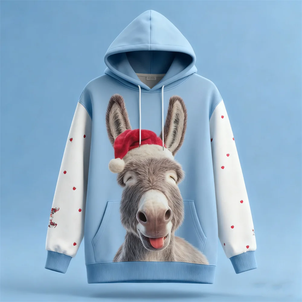 الرجال مضحك عيد الميلاد حمار الجرافيك هوديس 3D مطبوعة مجردة الحيوان نمط مقنعين بلوزات فضفاضة عارضة قمم مريحة
