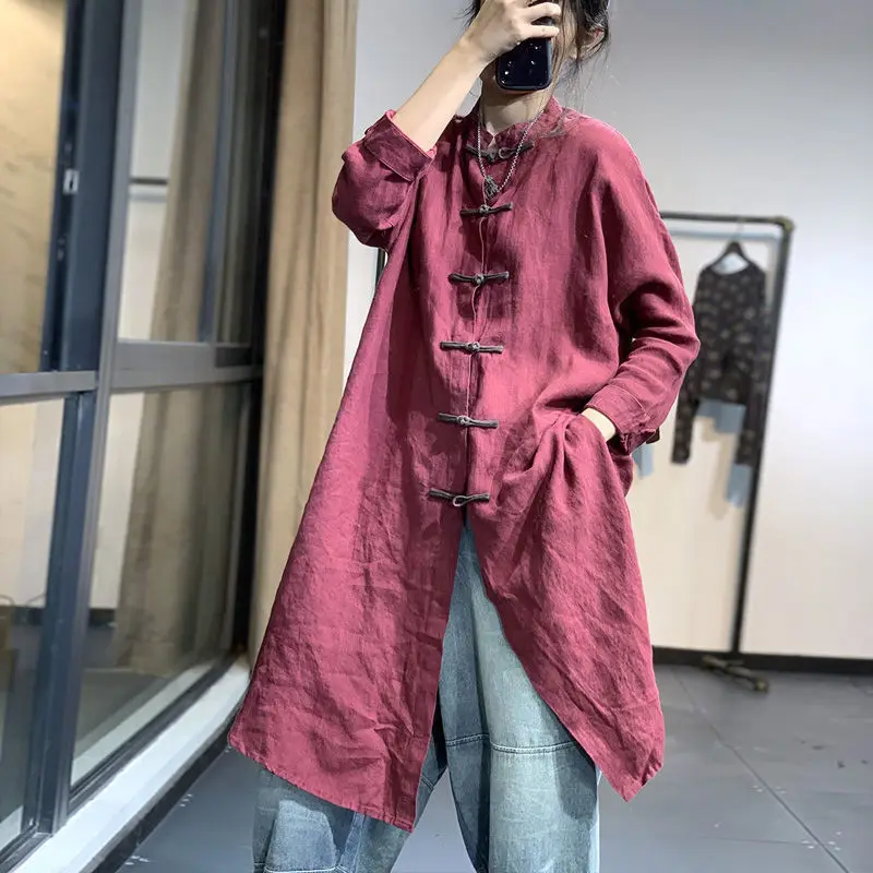 

2025 новый китайский стиль Ципао дизайн пуговиц длинное пальто платье повседневное ретро стиль женская свободная повседневная повседневная блузка Cheongsam