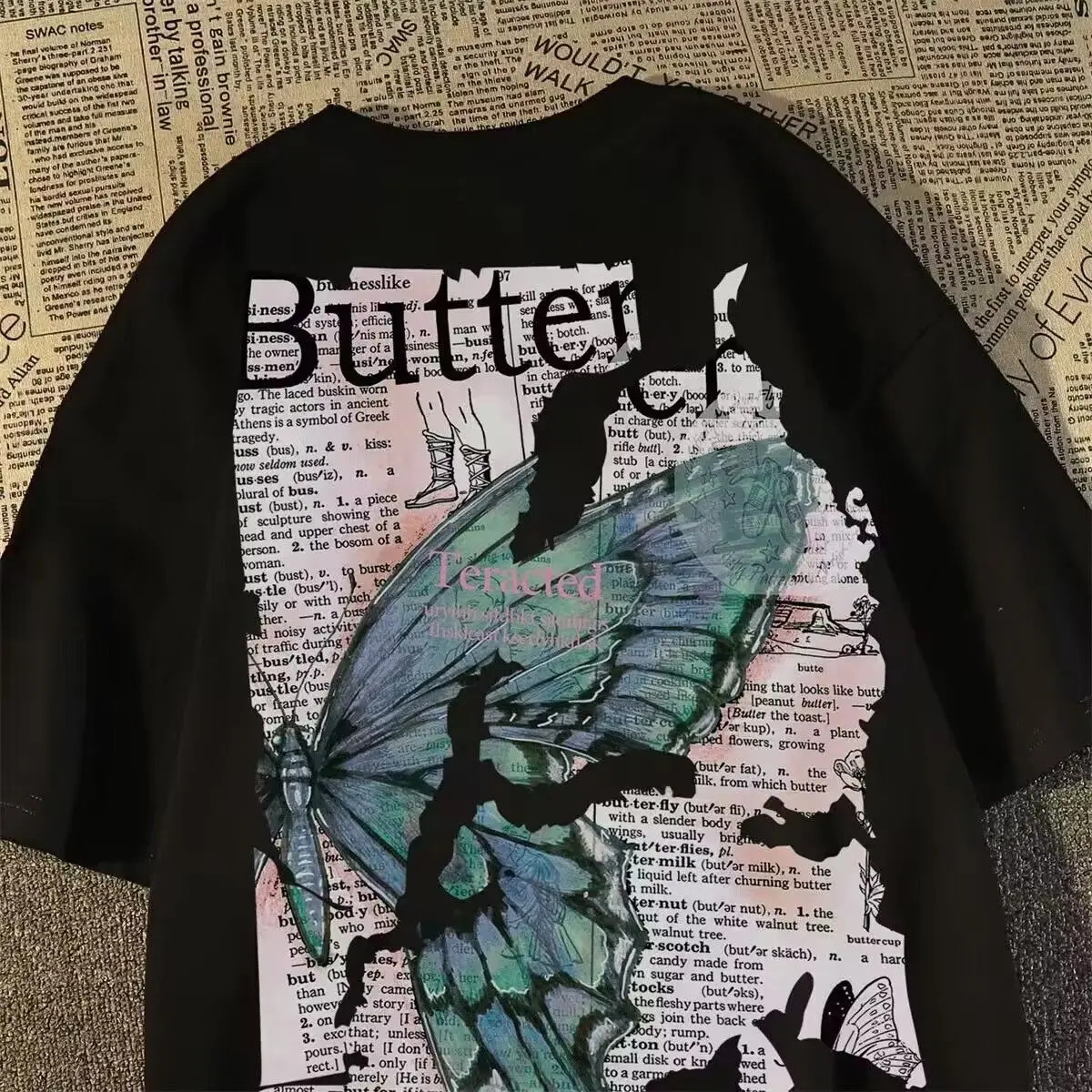 American retro street butterfly print graphic T-shirt summer men and women loose fitting couple casual hip-hop short sleeves y2k