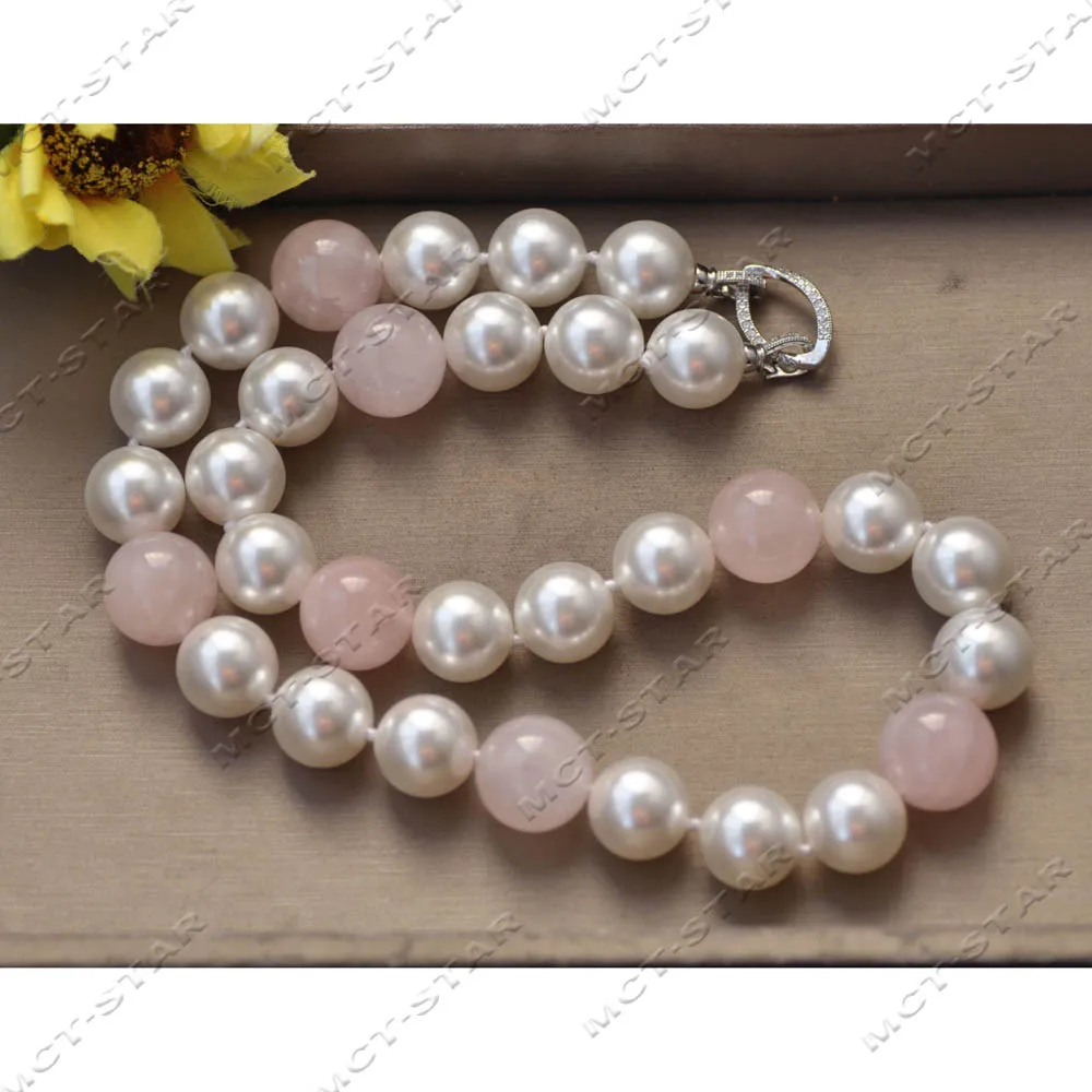 

MCT·STAR 22'' 18mm Natural Pearl Pink Crystal White Round South Sea Shell Necklace CZ (Z14306)