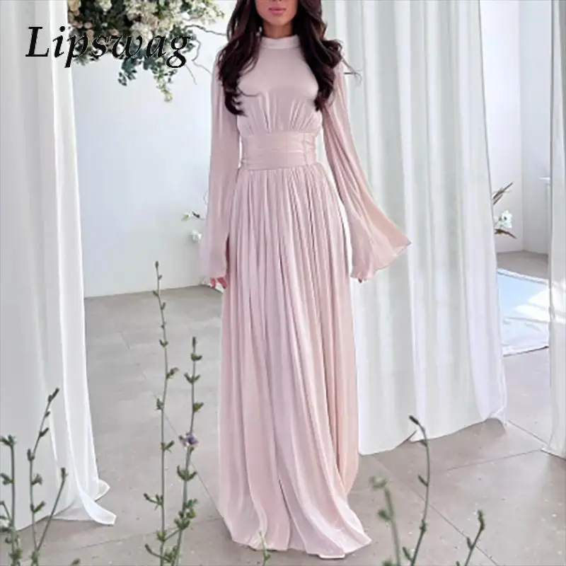 Women Elegant Crew Collar Pleated Evening Dress French Chic Solid Color Girdle Long Dress 2024 Chic Big Hem Temperament Dresses