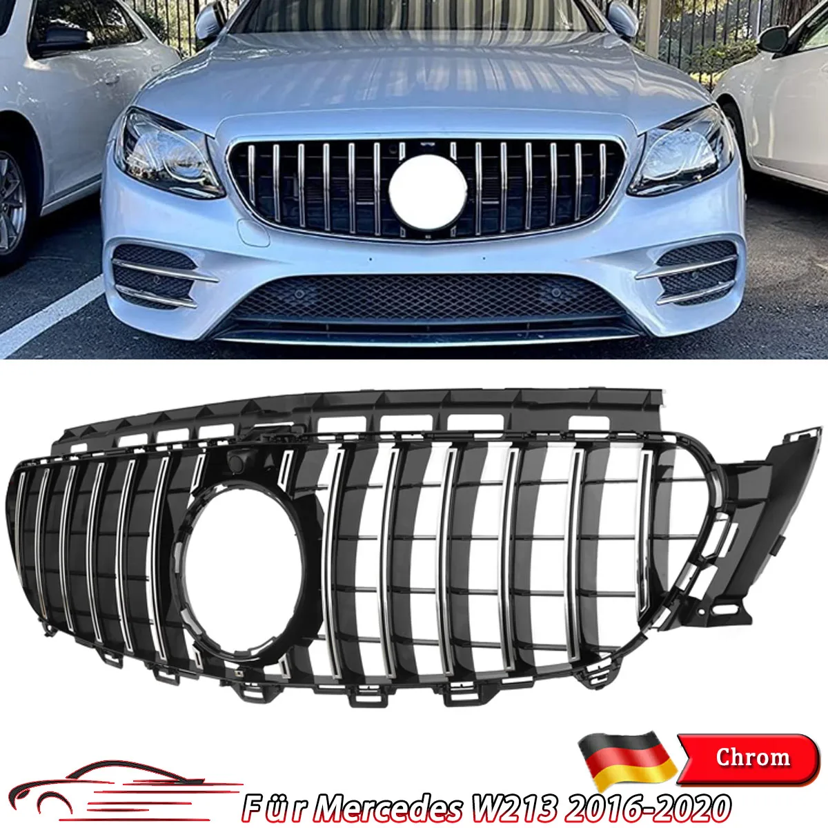 

Решетка бампера, совместимая с Mercedes Benz E-класса W213 E200 E250 E300 C238 2016-2019 годов выпуска, в стиле GT, передняя, хромированная, черная.
