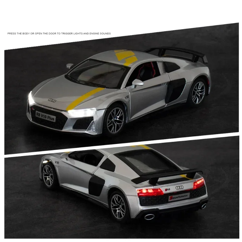 1:32 Audi R8 V10 Plus Supercar Alloy Car Diecasts & Toy Vehicles Sound and light Car Model Collection Car Toys For Children