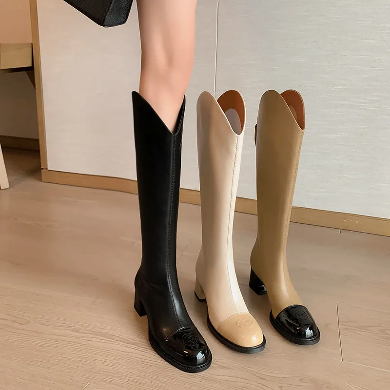 KKHOU Fashion Knee Length Boots Women's New High Quality Genuine Leather Sting Embroidery Colored High Heel Modern Leather Boots