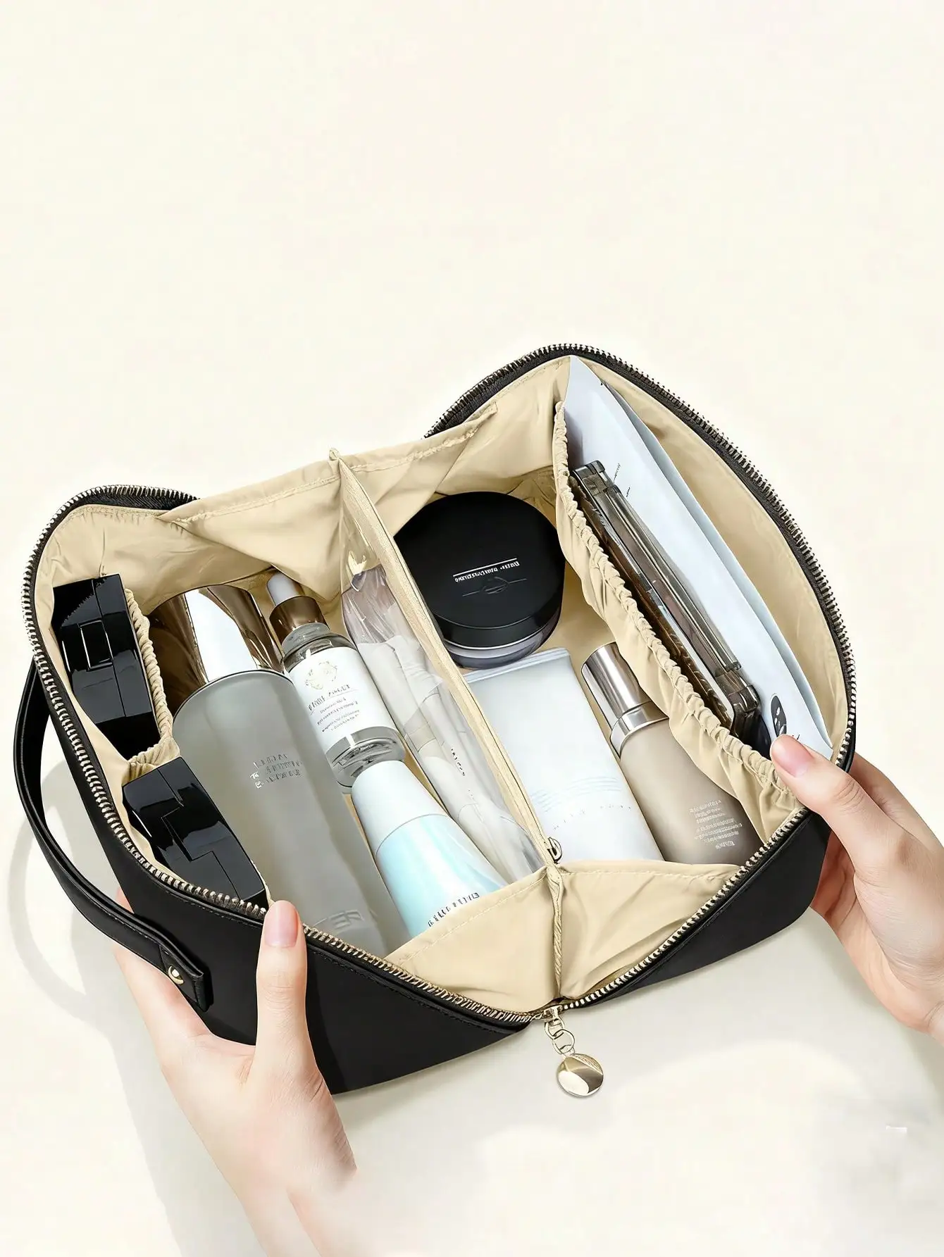 Trousse de maquillage portable en PU pour femme de 25 L Noir, trousse de toilette de voyage de grande capacité – Organisateur de rangement de cosmétiques et étui à cosmétiques