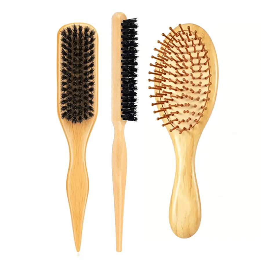 Wooden Boar Bristle Hair Brush Set, 3Pcs Teasing Brush & Air Cushion Massage Comb for Hair Styling, Detangling & Volume