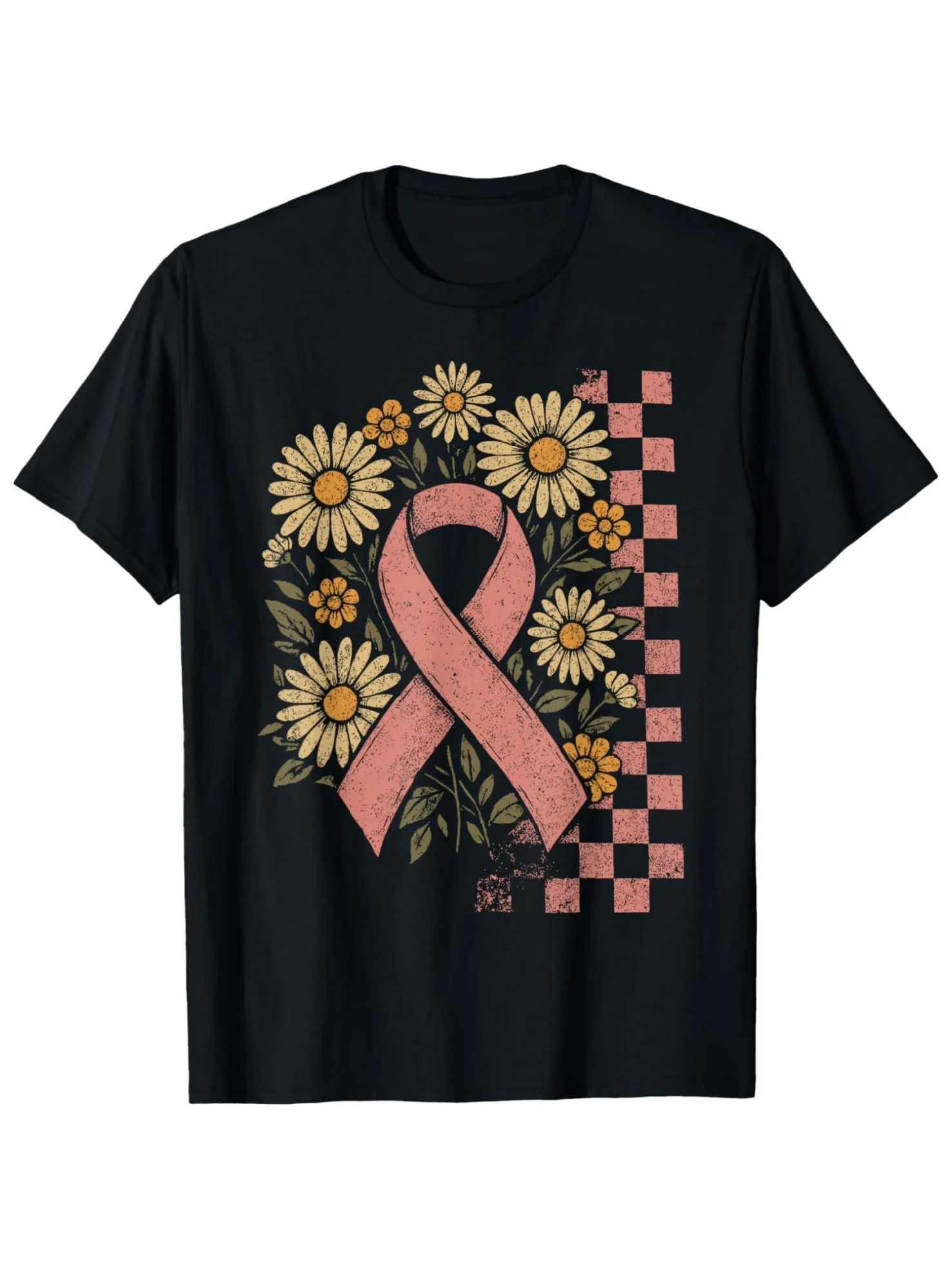 

Pink Ribbon Sunflower Breast Cancer Awareness Graphic Tee Floral Checkered Vintage Casual T-Shirt
