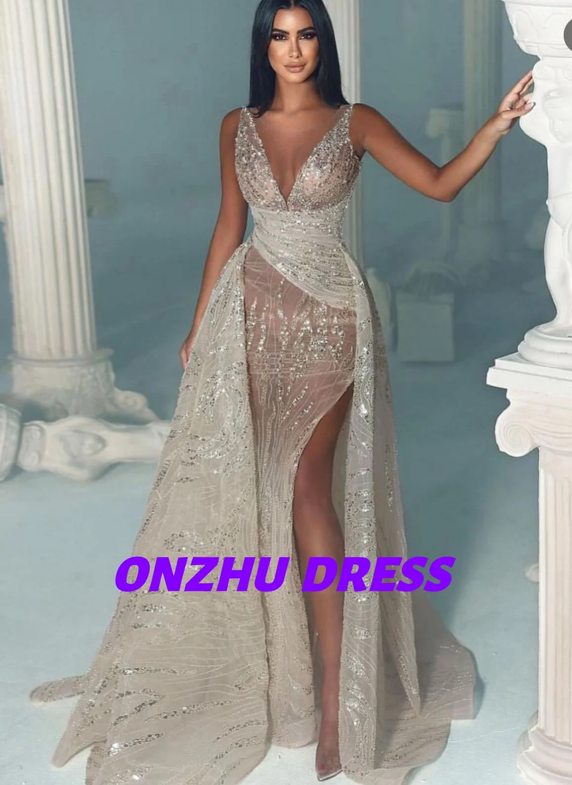 

Customized V-neck sleeveless mermaid split detachable trailing women evening dress dresses for special occasions Party dress