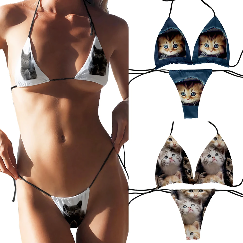 Hot selling cat design bikini set 3D printing fashion sweet women\'s bra swimsuit deep V summer beachwear party bikini set