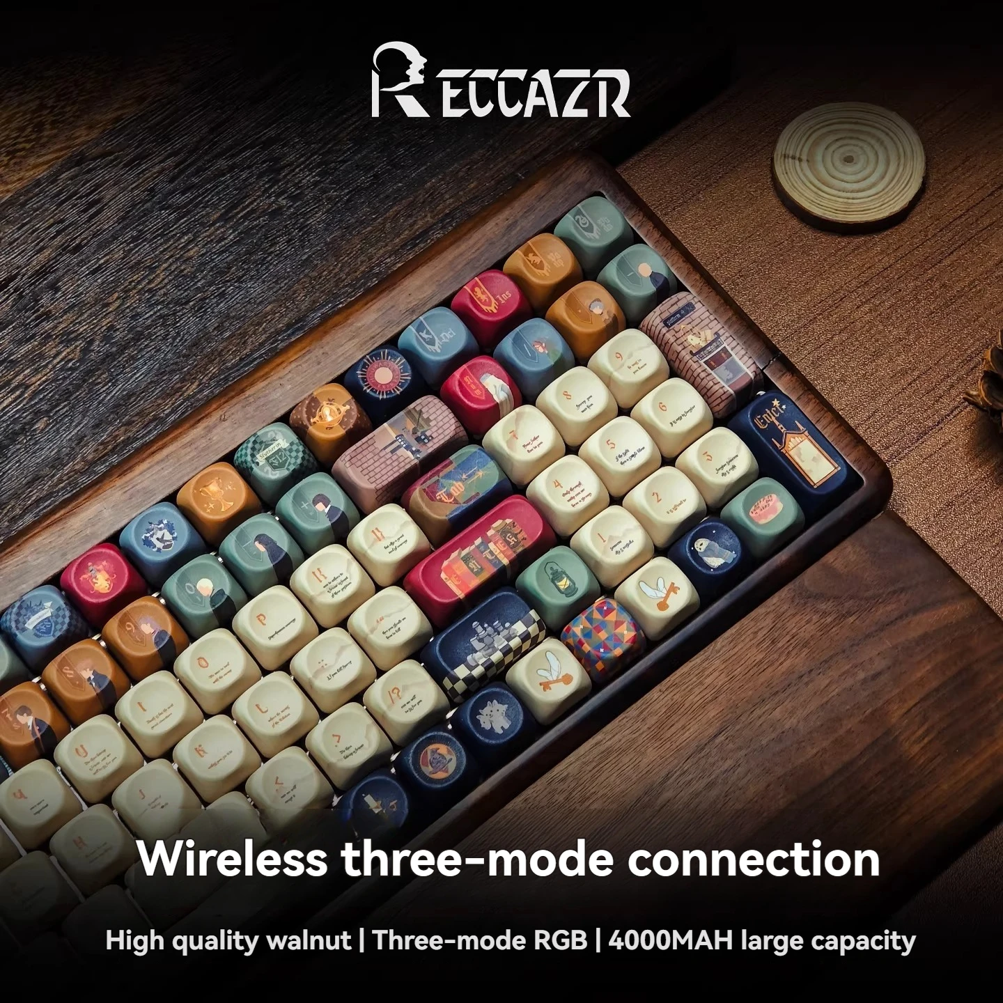 RECCAZR R100 Owl Themed Mechanical Keyboard CNC Walnut Wood Wireless Tri-mode Customize Hot Swap RGB Ergonomics Office Keyboard