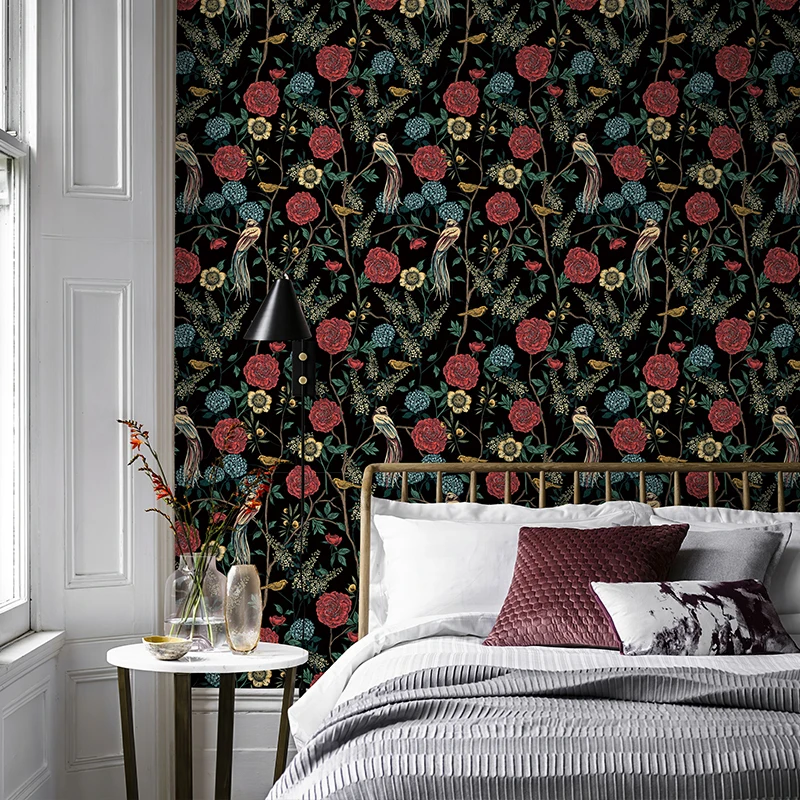 Peel And Stick Red Flower Wallpaper Retro Floral And Birds PVC Home Decor Vintage Dark Blue Self-adhesive Room Wall Decor