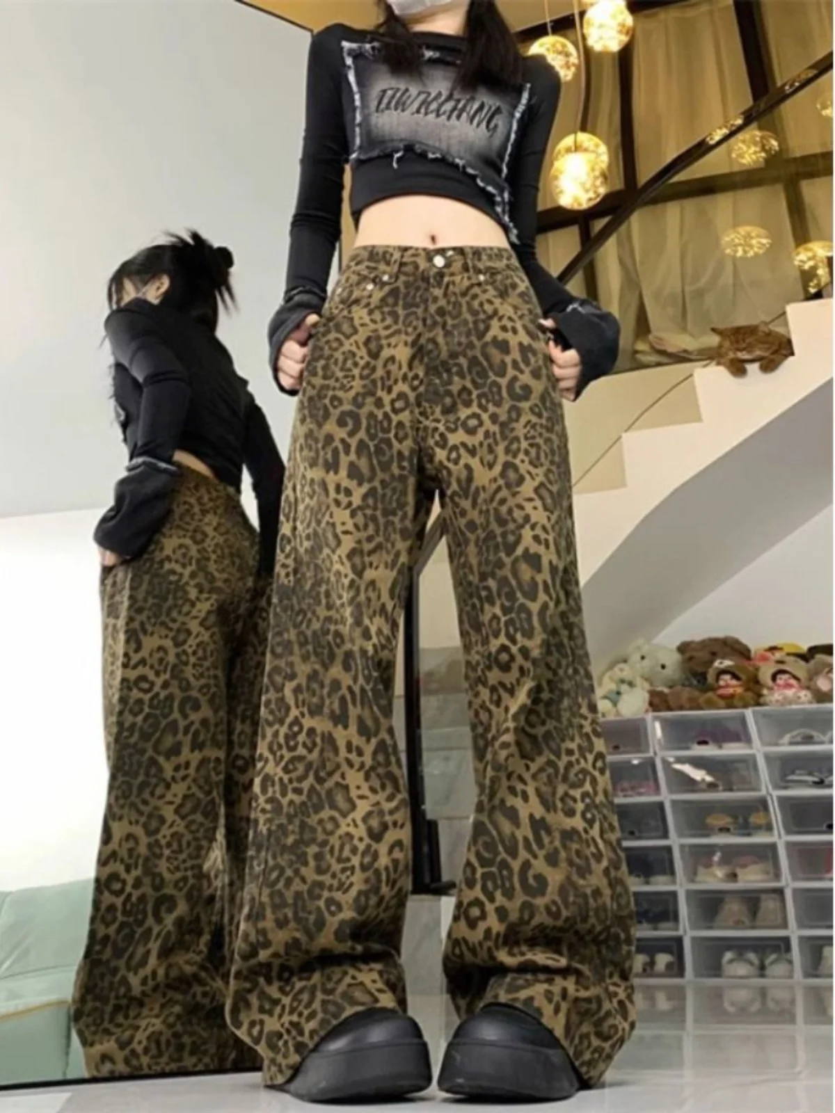 Calças Jeans de Perna Larga com Estampa de Leopardo Retro Americana, Cintura Alta, Ajuste Solto, Crimento até o Chão para ...