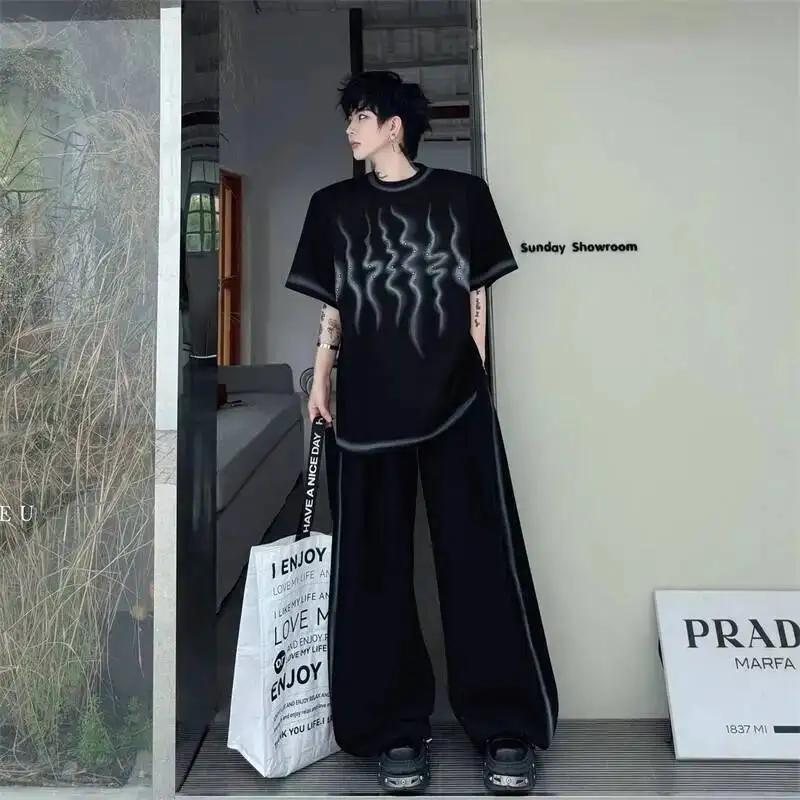 Piece Men's Two Set Summer New Loose Casual Flame Print Spray Washed Short Sleeve T-shirt And Outfit Wide Leg Pants GWXN view 4