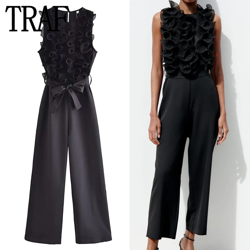 TRAF Ruffle Black Jumpsuit Women Elegant Long Jumpsuits Woman Sleeveless Party Autumn Woman Pleated jumpsuits Women\'s Overalls