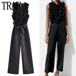 TRAF Ruffle Black Jumpsuit Women Elegant Long Jumpsuits Woman Sleeveless Party Autumn Woman Pleated jumpsuits Women's Overalls