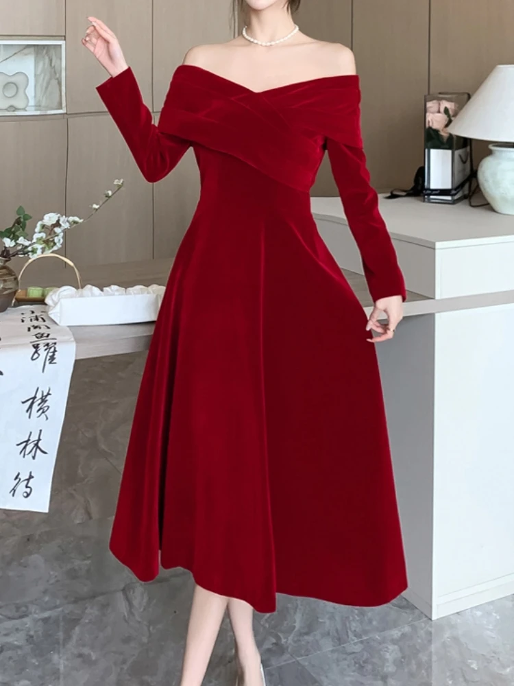 Elegant Women Casual A-Line Party Red Dress Long Sleeve Vintage Chic Prom Birthday Dresses Female Fashion Robe Vestidos Spring