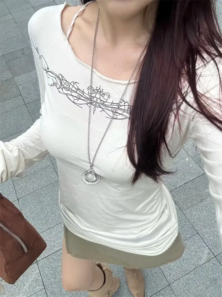 Y2k Gothic Print T-shirt Trashy 2000s Style Long Sleeve Tops Vintage Harajuku Streetwear American Retro T-shirts