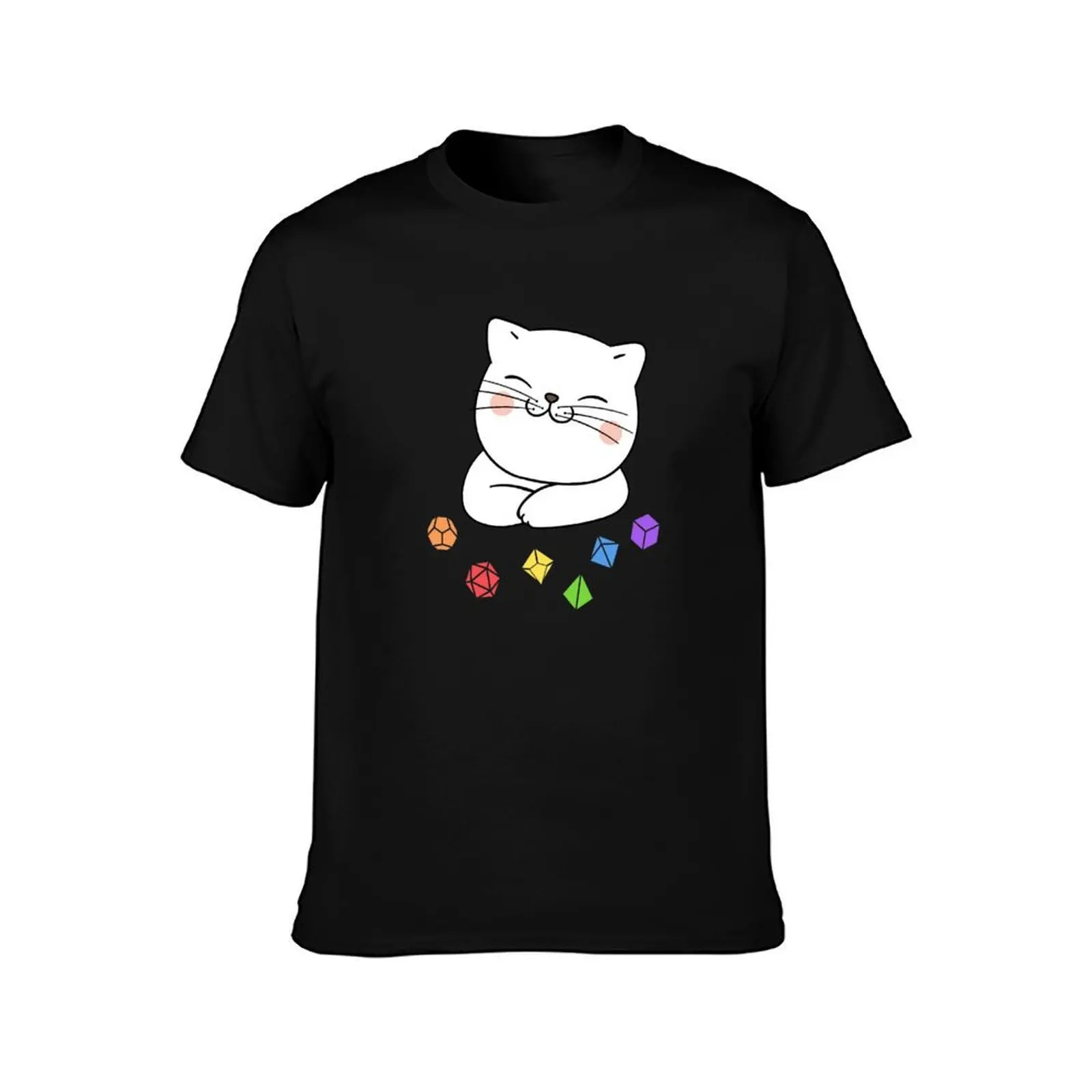 Rainbow Dungeon Meowster Kitten with Polyhedral Dice Set T-Shirt Summer Casual Cotton Tee Oversized Streetwear Tops
