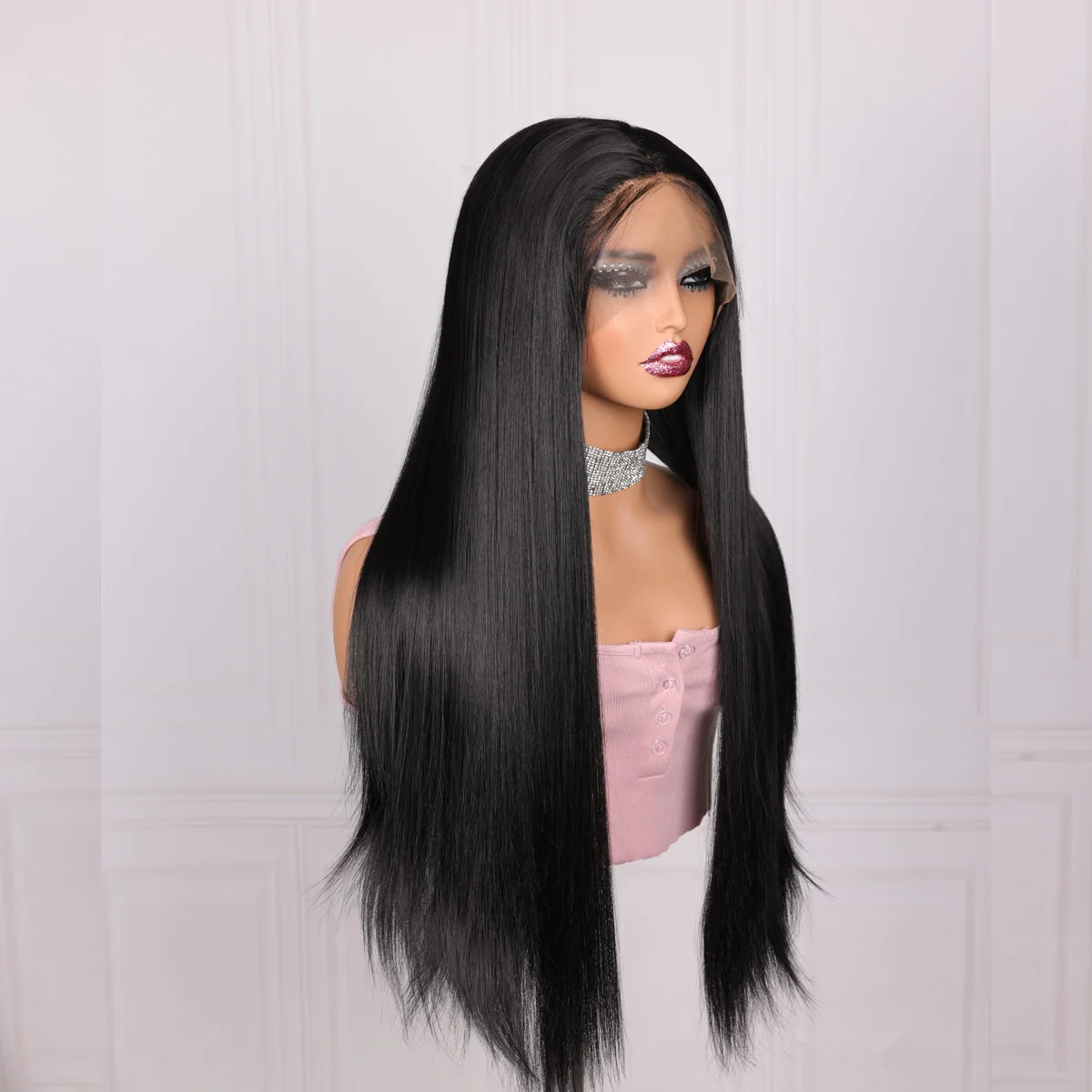 Perruque Lace Front Wig synthétique sans colle noire lisse et soyeuse, 26 pouces, densité 180%, avec Baby Hair, préplumée, 03/3