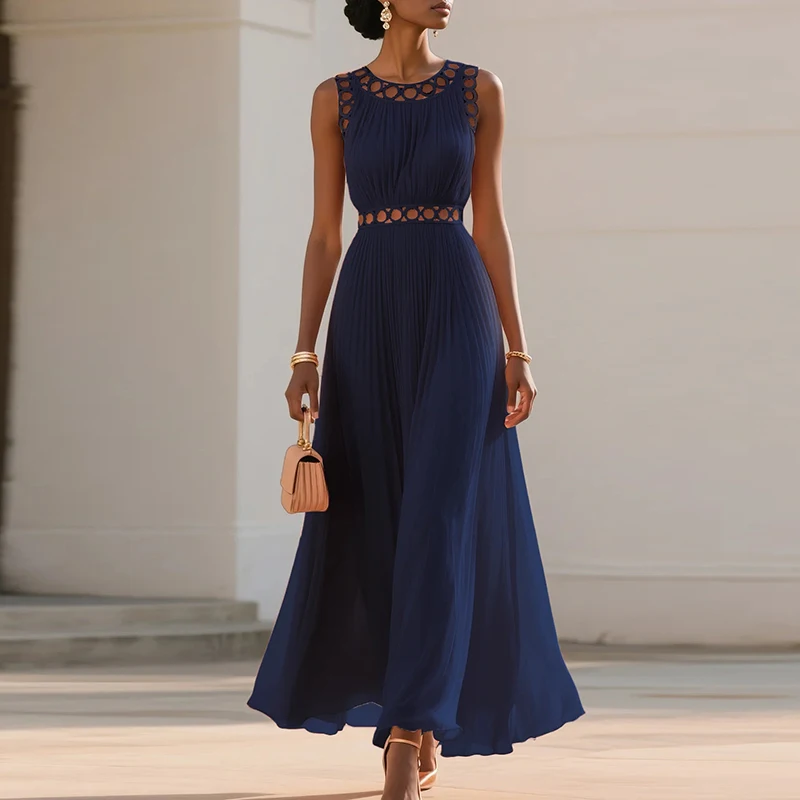 Szyfonowa sukienka maxi z wysokim stanem, plisowana, elegancka, w jednolitym kolorze, do pracy, codzienna, z dekoltem typu O, z wycięciami, bez rękawów, na imprezę.