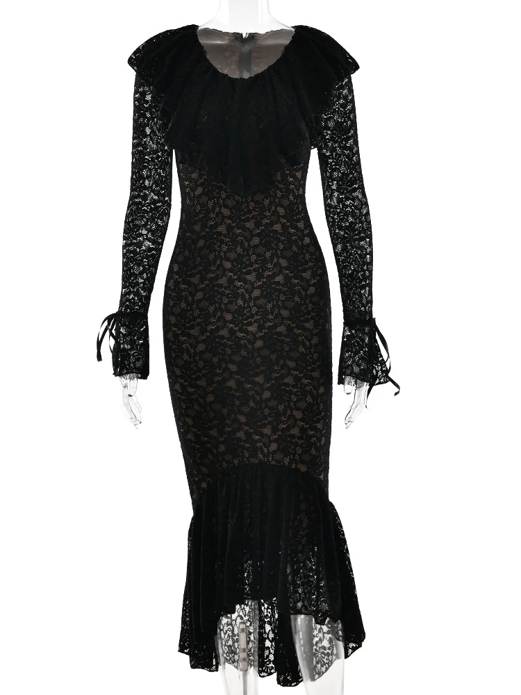 JULISSA MO Sexy pure dentelle robe sirène femmes noir manches évasées col en v robe Maxi automne mince élégant robe de soirée 2025