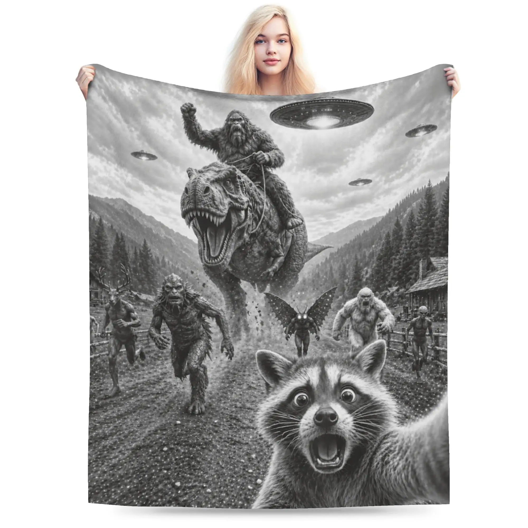 Funny Bigfoot Ride Dinosaur Raccoon Blanket Cozy Soft  Throw Blankets for Sofa 50x60 Inch Multi-size Bedding Throws