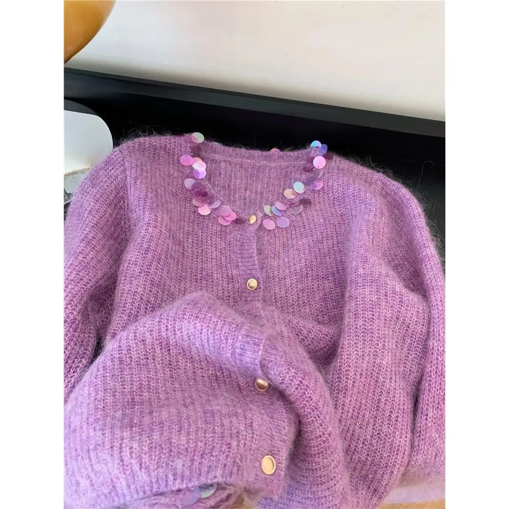 لينة الأرجواني الترتر سترة مفتوحة المرأة محبوك سترة الثقيلة التطريز لطيف Sle الخريف الشتاء جديد وصول ألياف البوليستر #3