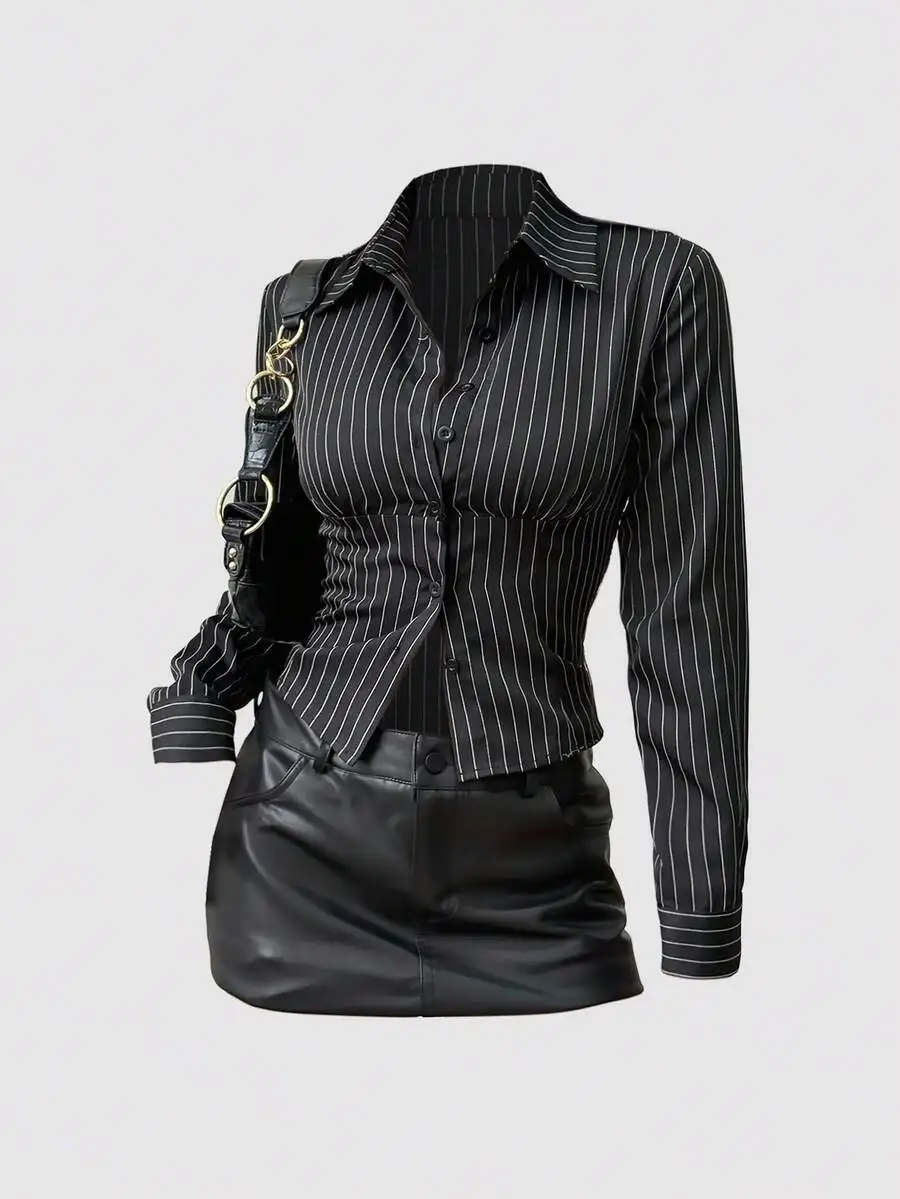 

Black White Striped Fitted Long Sleeve Button-Up Blouse with Corset Waist Detail