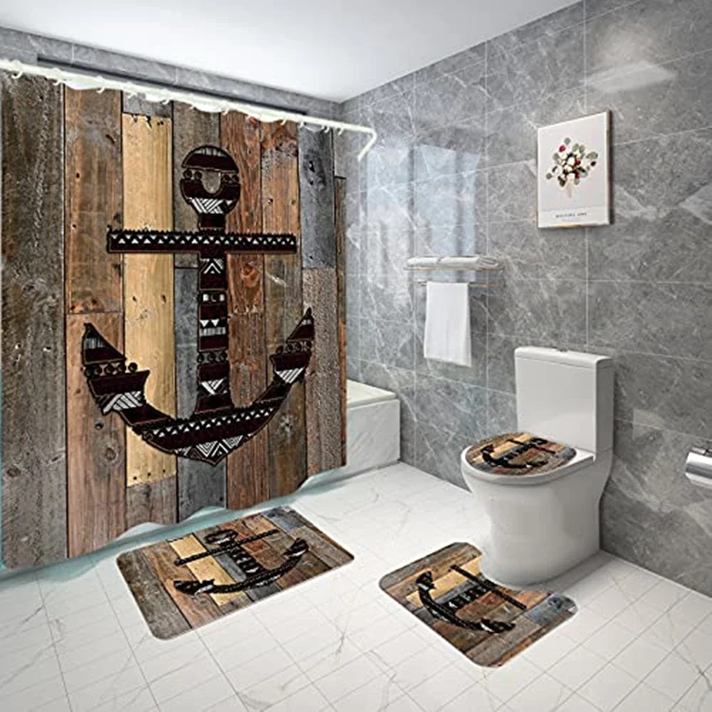 

Наборы занавесок для душа с якорем, нескользящий коврик, крышка для унитаза, коврик для ванной, морской якорь, деревенский деревянный водонепроницаемый набор занавесок для ванной комнаты