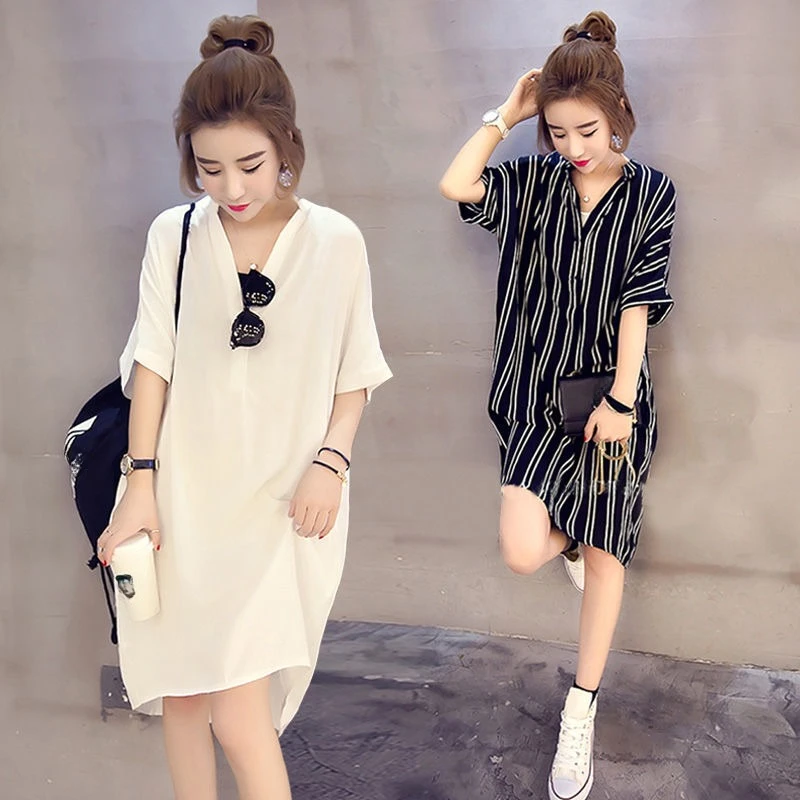 200 Pounds Can Be Worn Summertime Large Size Loose Mid-length Style Short Sleeve T-shirt Shirt Dress Fat Mm Striped Top Comfort