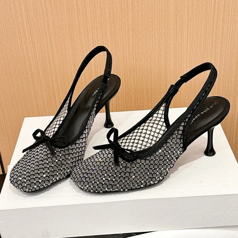 

Новинка: Сетчатые босоножки на каблуке со стразами и бантом, дизайнерские туфли на высоком каблуке для женщин, роскошные свадебные туфли-лодочки