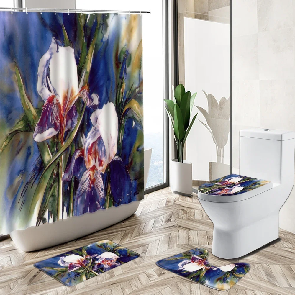 Lotus Flower Oil Painting Shower Curtain Plant Floral European Style Home Bathroom Decor Non-Slip Rug Toilet Cover Bath Mat Set