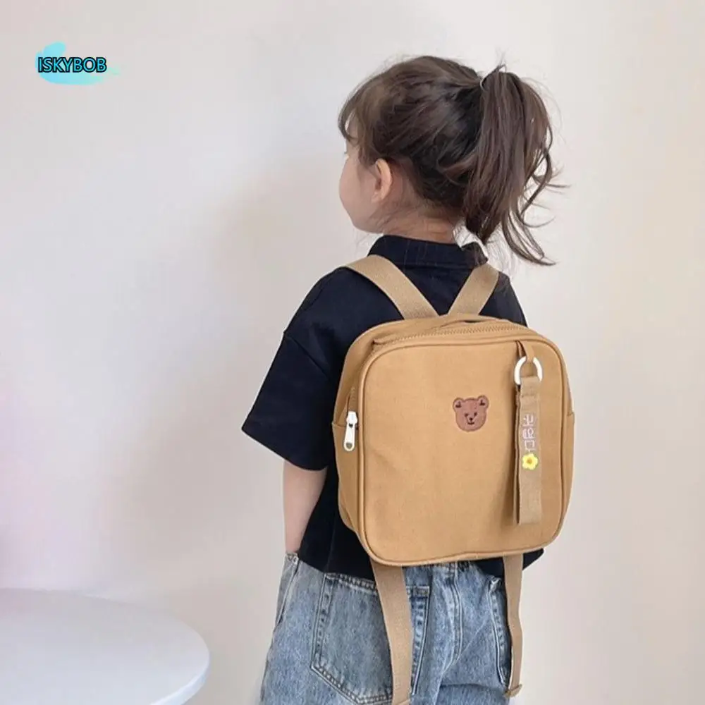 

Personality Bear Cartoon Backpack Canvas Square Children School Bag Solid Color Korean Style Cute Shoulder Bag Gift