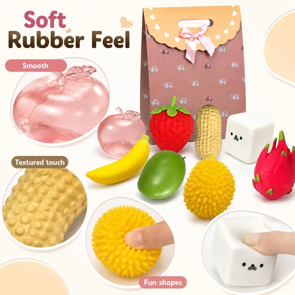 8個入りフルーツシリーズピンチミュージックギフトセット、減圧おもちゃセット、友達へのギフトバッグ、クリエイティブdiy、イチゴ、リンゴ、ストレス解消おもちゃ