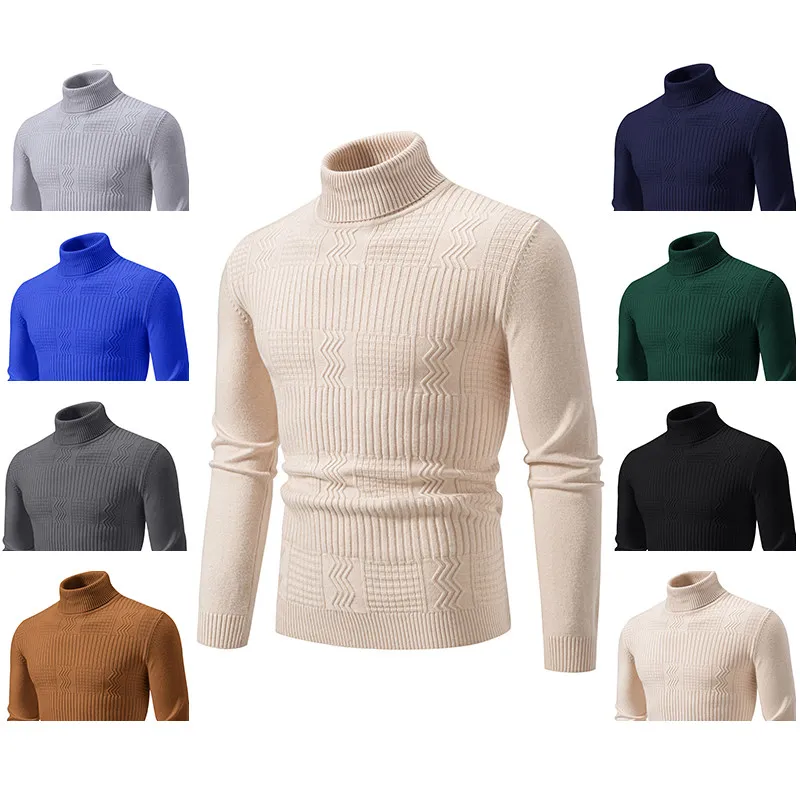 

Мужской вязаный свитер с высоким воротником, длинными рукавами, на флисовой подкладке, облегающий, осенне-зимний, модный базовый топ