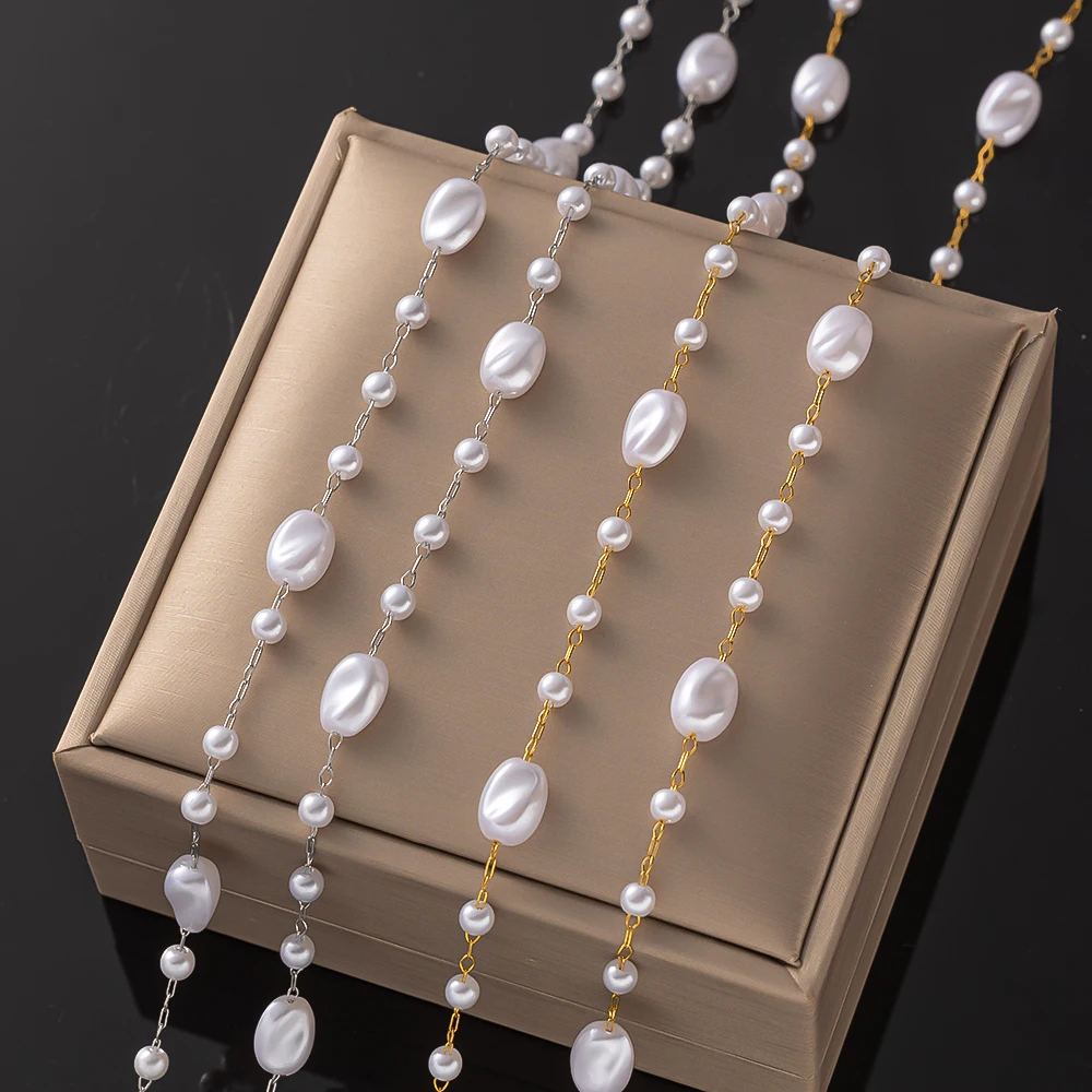 1Meter Stainless Steel Beaded Chain Imitation Pearl Necklace Link Accessories for DIY Bracelet Necklace Jewelry Making Component