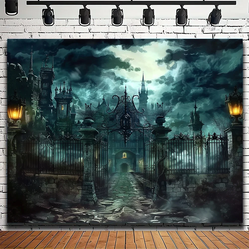 Decorative Art Gothic Castle Gate Wall Hanging - Horror Night Scene Tapestry, Polyester Halloween Party Home Decoration